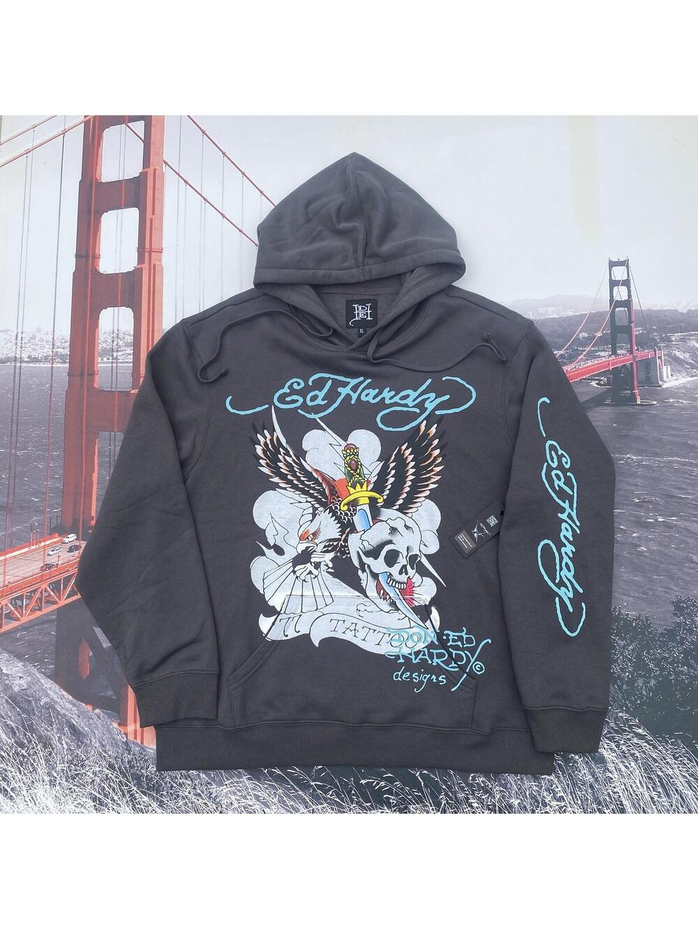 Ed Hardy Men’s Hoodie Size XL Sweater Eagle Skull Graphic Print Charcoal NWT